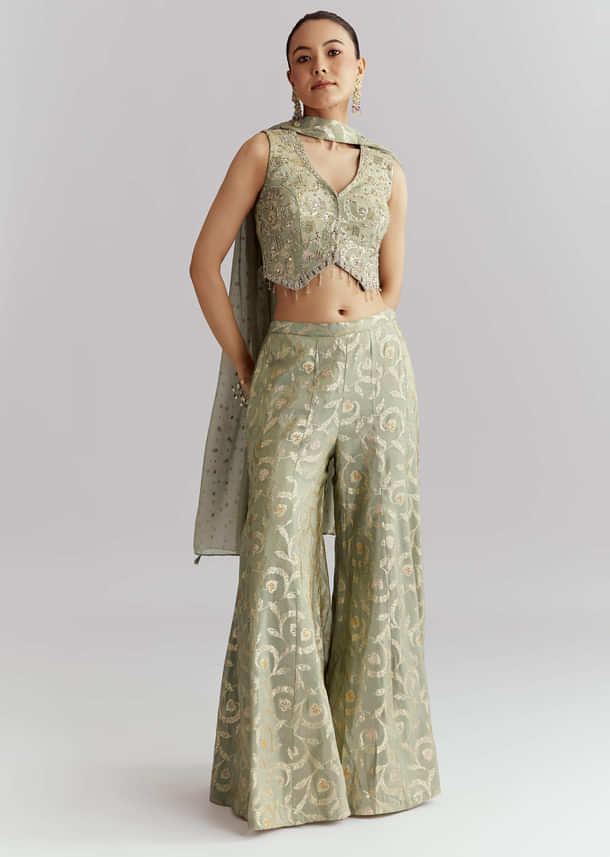 Green Tissue Crop Top And Palazzo Pant Set With Embroidery Green Tissue Crop Top And Palazzo Pant Set With Embroidery
