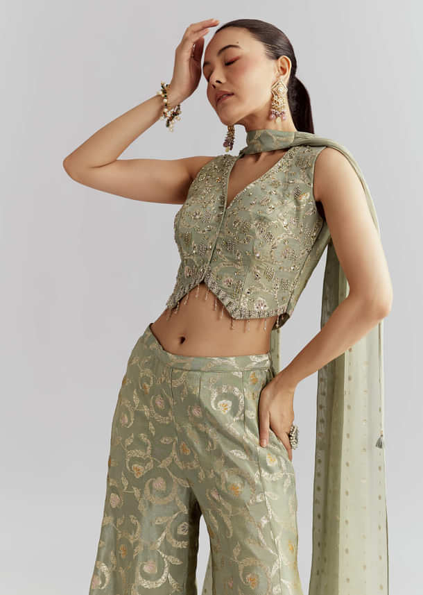 Green Tissue Crop Top And Palazzo Pant Set With Embroidery Green Tissue Crop Top And Palazzo Pant Set With Embroidery