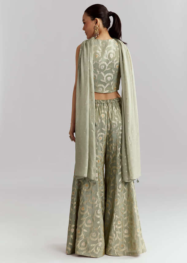 Green Tissue Crop Top And Palazzo Pant Set With Embroidery Green Tissue Crop Top And Palazzo Pant Set With Embroidery