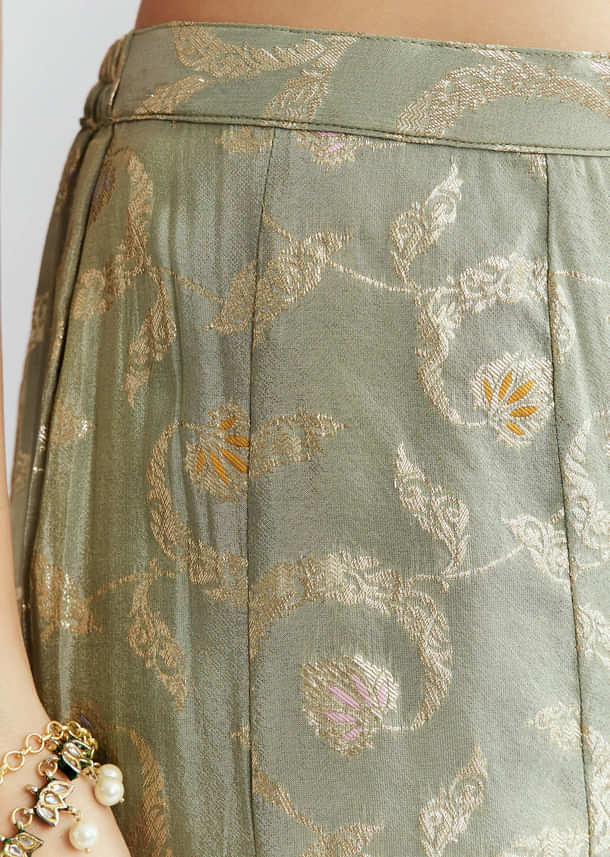 Green Tissue Crop Top And Palazzo Pant Set With Embroidery Green Tissue Crop Top And Palazzo Pant Set With Embroidery