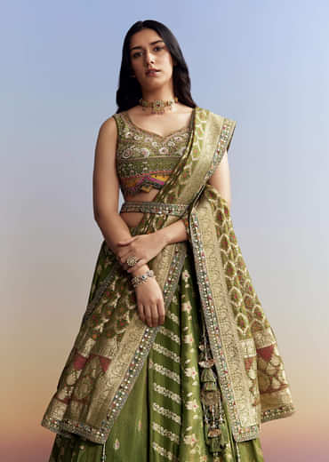 Green Tissue Embroidered Bridesmaid Lehenga