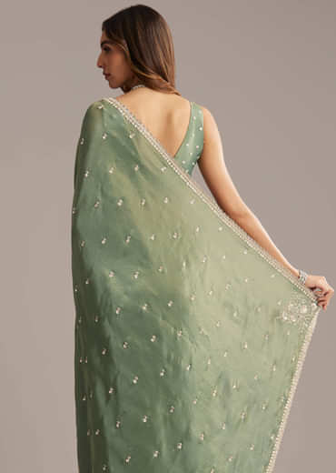 Green Tissue Saree With Bead And Cutdana Embroidery