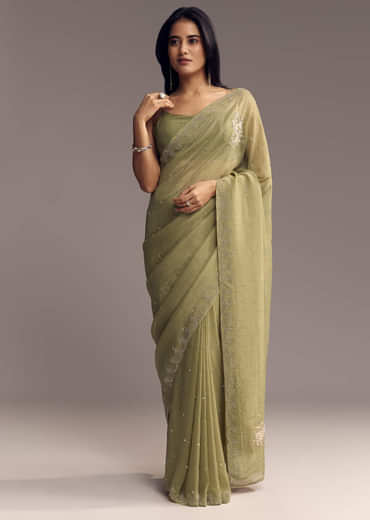 Green Tissue Saree With Horizontal Stone Embellishments