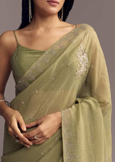 Green Tissue Saree With Horizontal Stone Embellishments