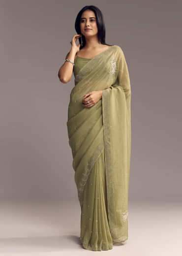 Green Tissue Saree With Horizontal Stone Embellishments