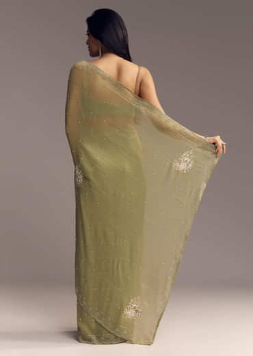 Green Tissue Saree With Horizontal Stone Embellishments