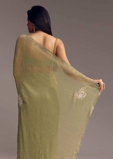 Green Tissue Saree With Horizontal Stone Embellishments