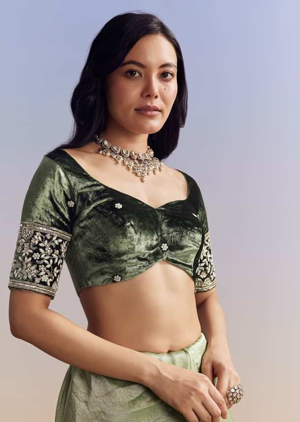 Green Tissue Saree With Velvet Blouse And Richly Embroidered Borders