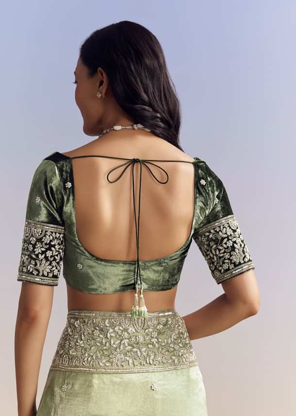 Green Tissue Saree With Velvet Blouse And Richly Embroidered Borders