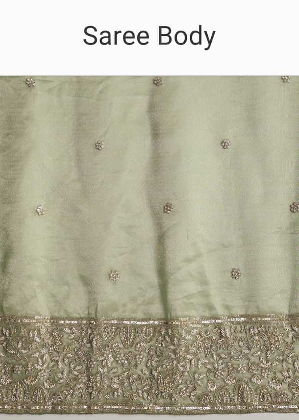 Green Tissue Saree With Velvet Blouse And Richly Embroidered Borders