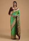 Green Two Toned Pure Handloom Saree In Silk With Woven Text Motifs And Purple Border