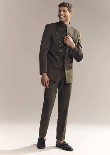 Green Velvet Jodhpuri Suit For Men With Cutdana And Moti Embroidery