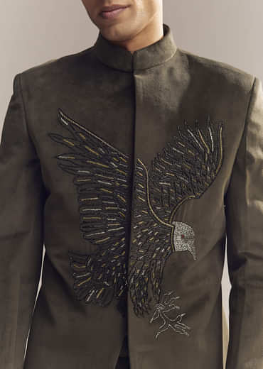 Green Velvet Jodhpuri Suit For Men With Cutdana And Moti Embroidery