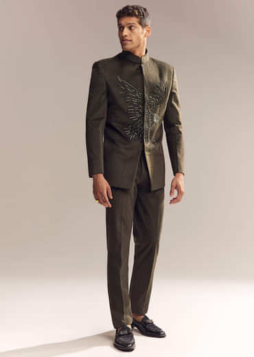 Green Velvet Jodhpuri Suit For Men With Cutdana And Moti Embroidery