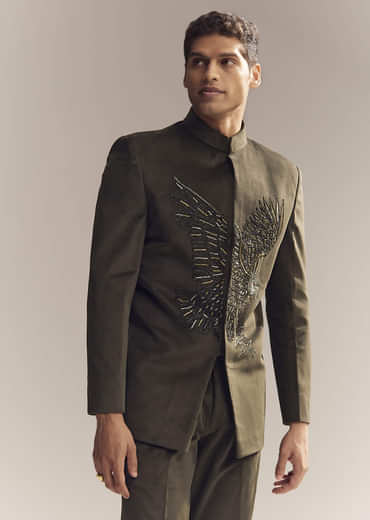 Green Velvet Jodhpuri Suit For Men With Cutdana And Moti Embroidery