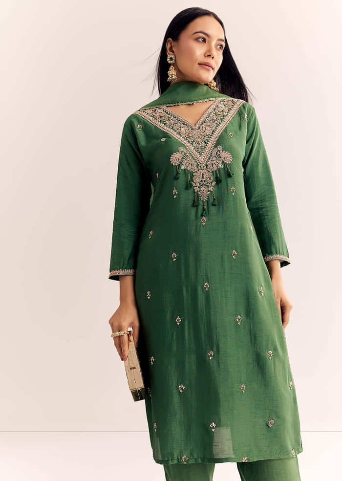 Green Zardosi Work Dola Silk Kurta Dupatta Suit