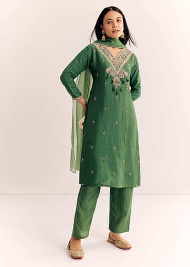 Green Zardosi Work Dola Silk Kurta Dupatta Suit