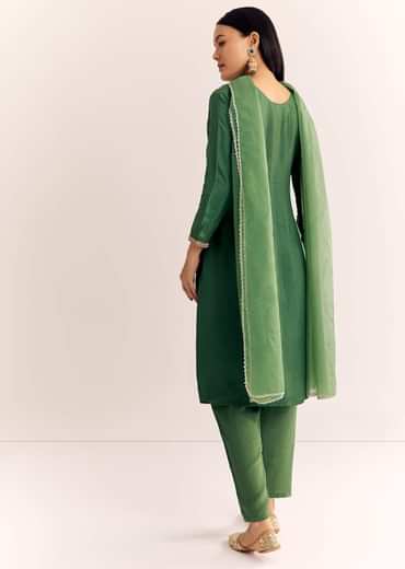 Green Zardosi Work Dola Silk Kurta Dupatta Suit