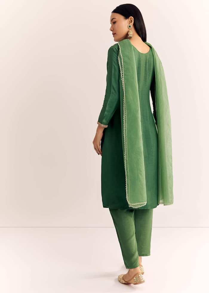 Green Zardosi Work Dola Silk Kurta Dupatta Suit