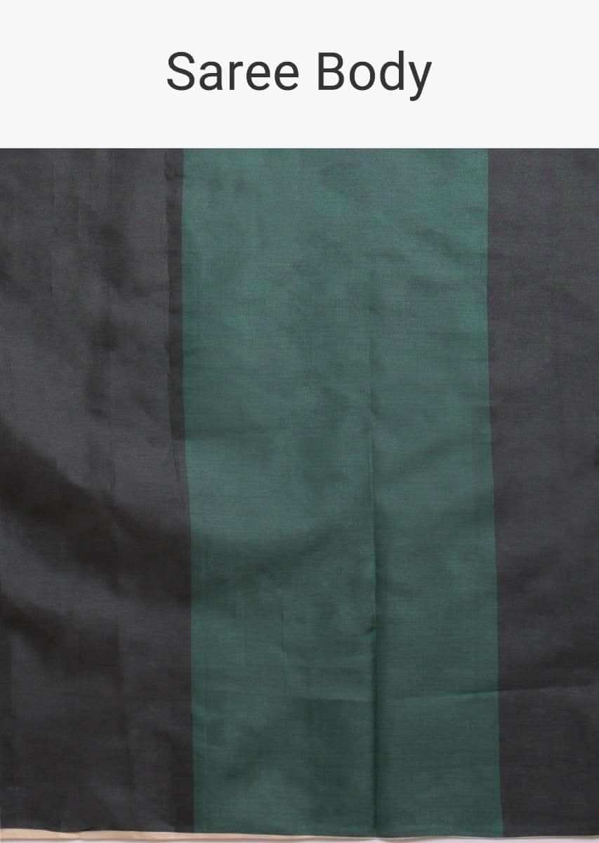 Green, Black And Grey Saree In Silk Blend With Color Block Print And Striped Pallu Online - Kalki Fashion