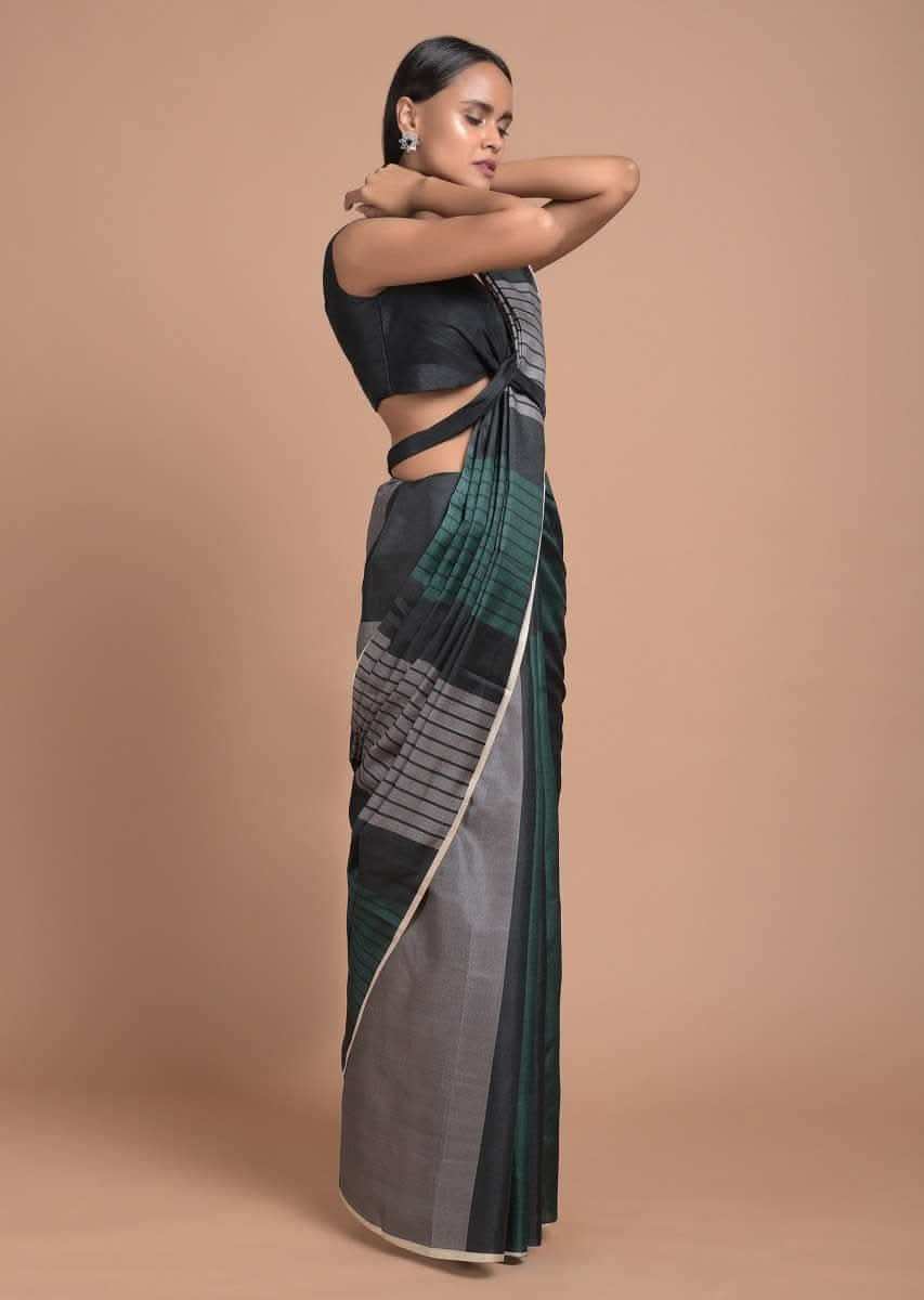 Green, Black And Grey Saree In Silk Blend With Color Block Print And Striped Pallu Online - Kalki Fashion
