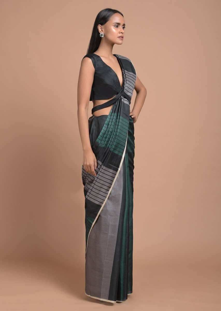 Green, Black And Grey Saree In Silk Blend With Color Block Print And Striped Pallu Online - Kalki Fashion