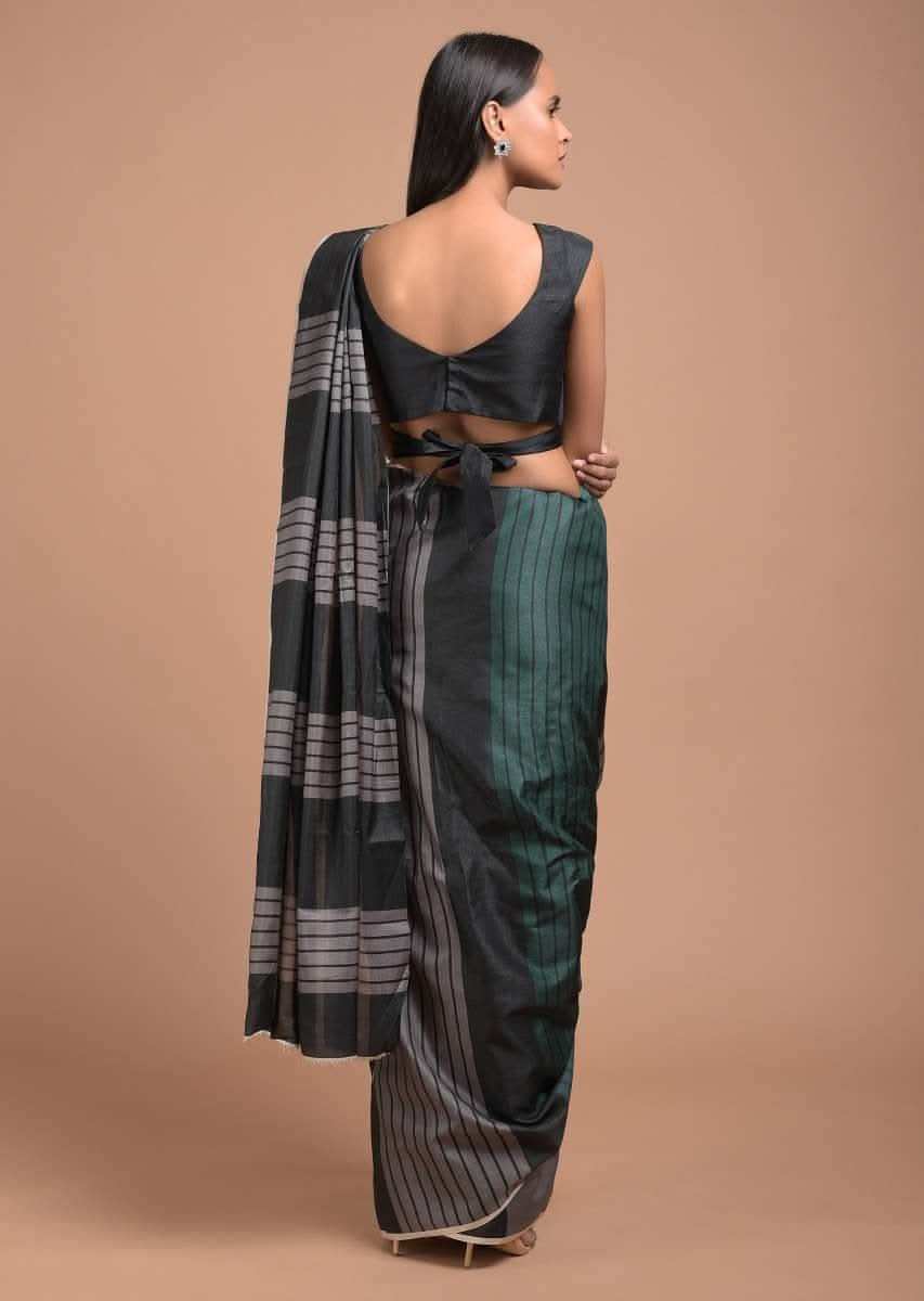 Green, Black And Grey Saree In Silk Blend With Color Block Print And Striped Pallu Online - Kalki Fashion