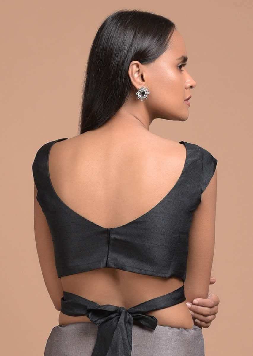 Green, Black And Grey Saree In Silk Blend With Color Block Print And Striped Pallu Online - Kalki Fashion