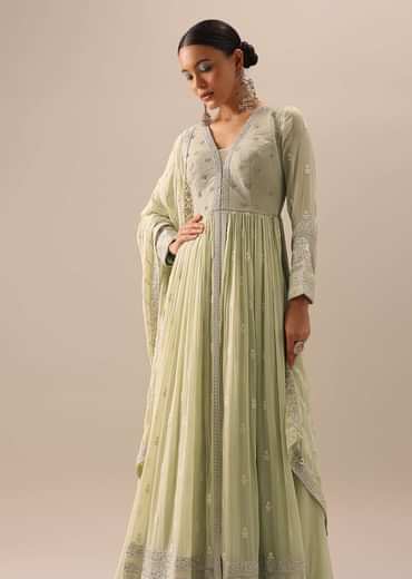 Green Anarkali And Lehenga Set With Lucknowi Work