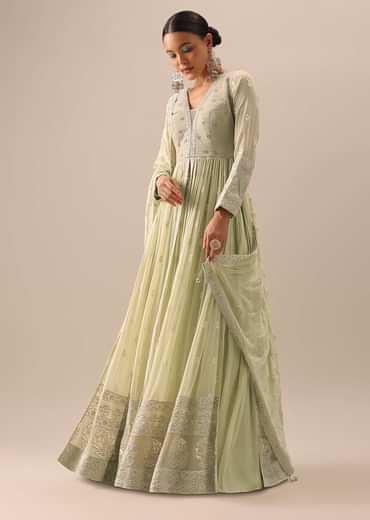 Green Anarkali And Lehenga Set With Lucknowi Work