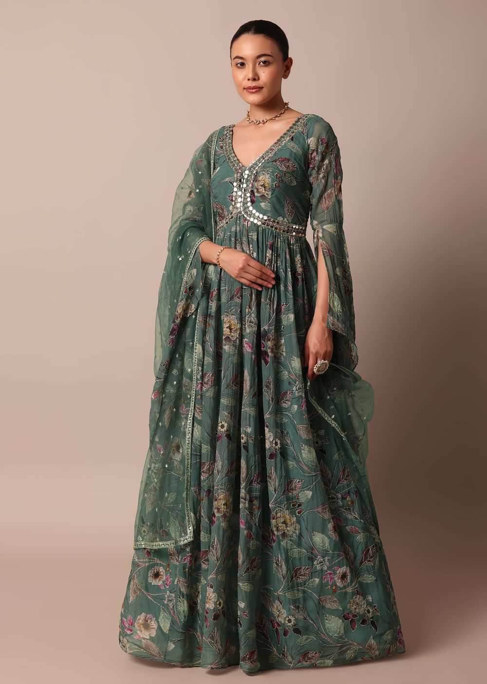 Green Anarkali Suit With Intricate Mirror Work
