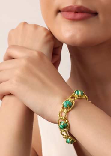 Green And Gold Kada Style Bracelet With Beads