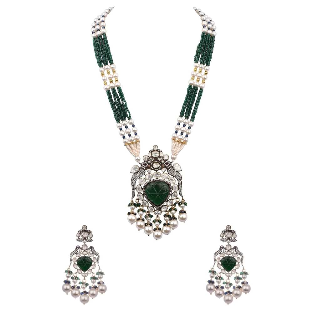 Green And Gold Kundan Long Necklace Set