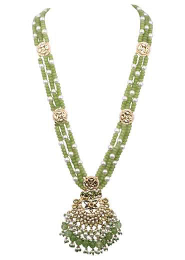 Green And Gold Kundan Polki Long Necklace Set In Mix Metal