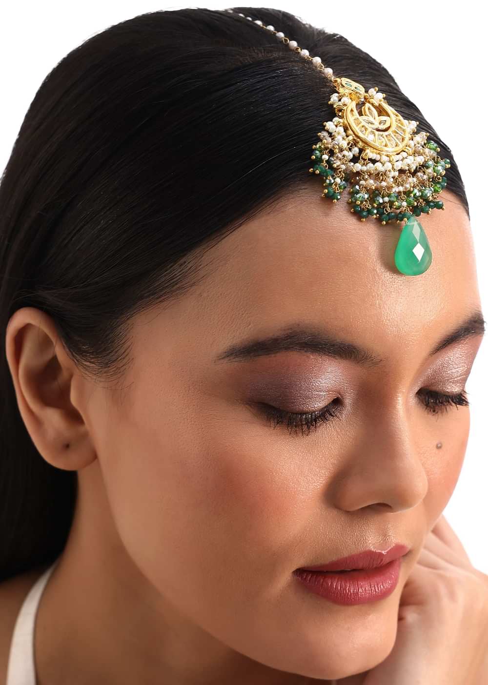 Green And Gold Kundan Maang Tikka In Mix Metal