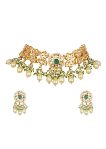 Green And Gold Kundan Short Necklace Set With Earrings