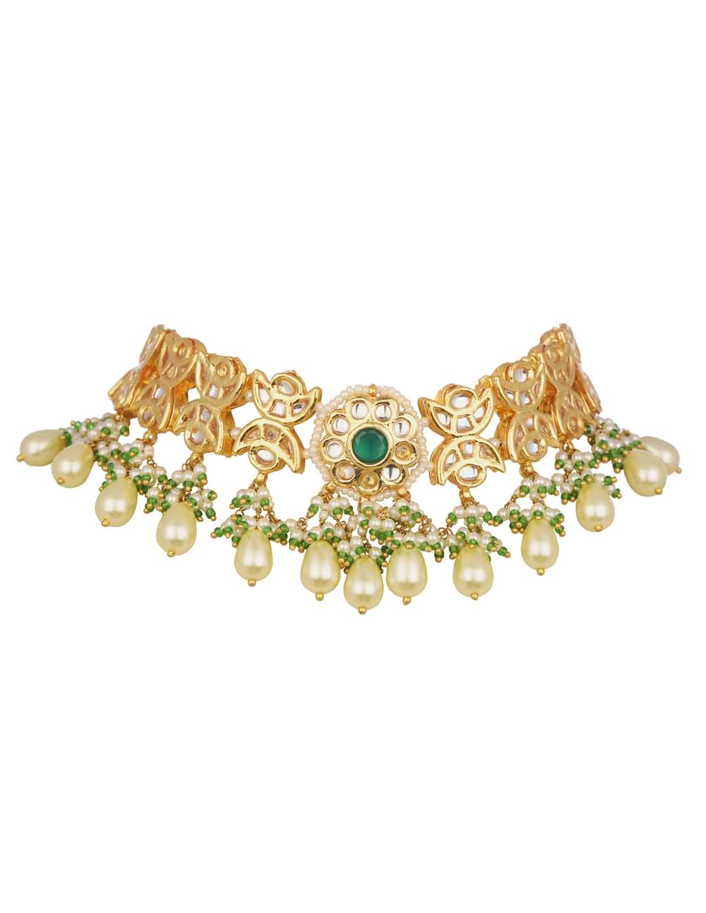 Green And Gold Kundan Short Necklace Set With Earrings