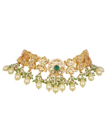 Green And Gold Kundan Short Necklace Set With Earrings