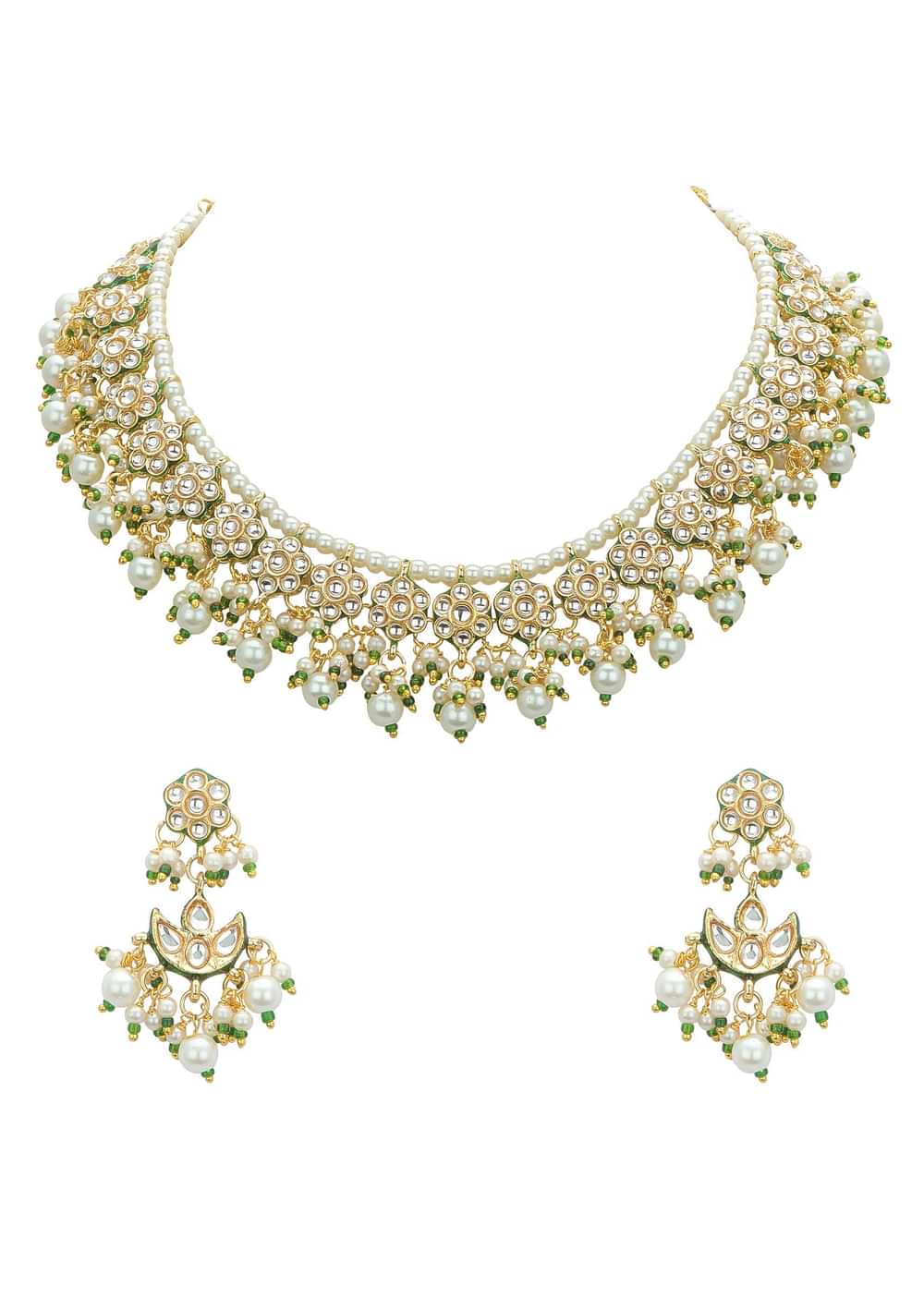 Green And Gold Kundan Short Necklace Set