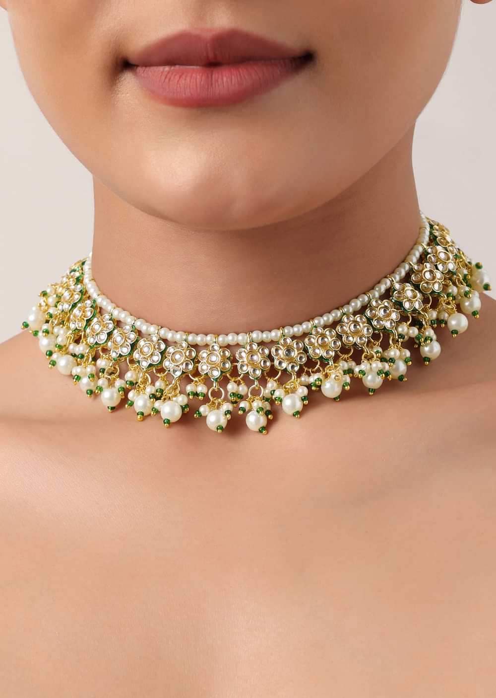 Green And Gold Kundan Short Necklace Set