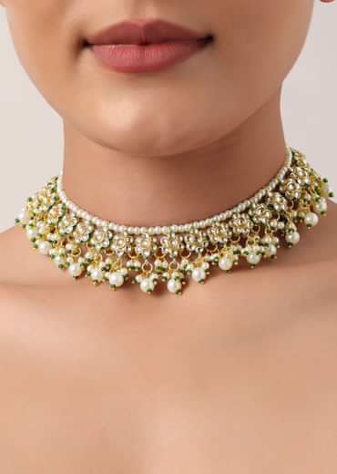 Green And Gold Kundan Short Necklace Set