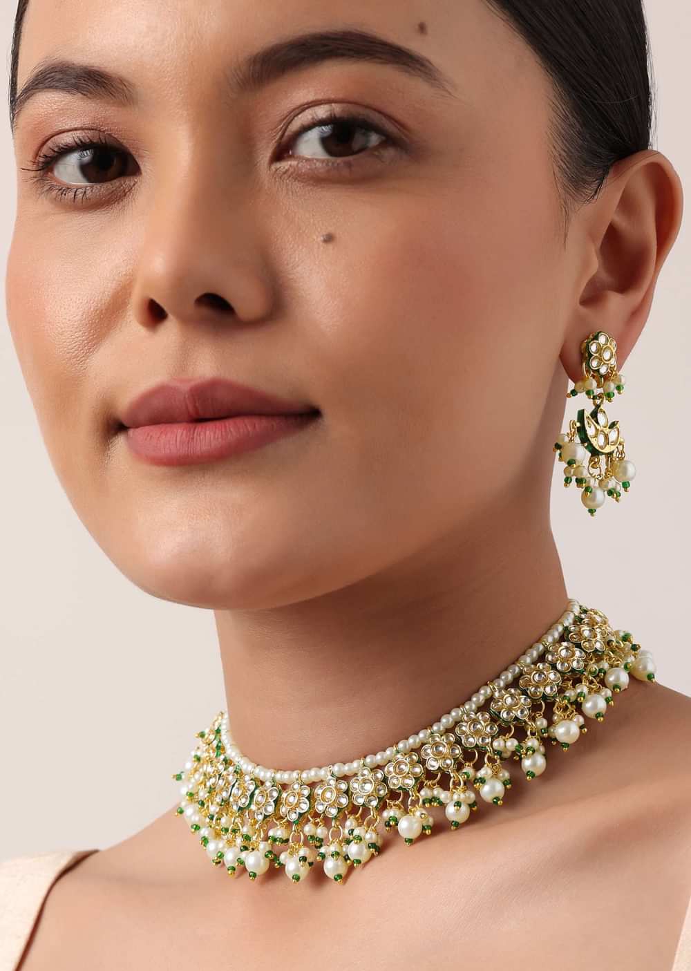 Green And Gold Kundan Short Necklace Set