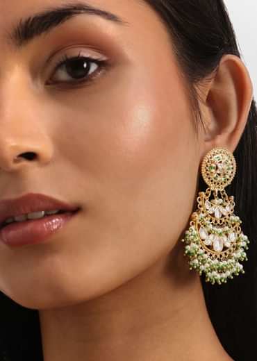 Green And Gold Pachi Kundan Pendant Short Necklace Set
