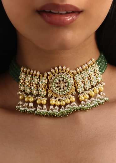 Green And Gold Pachi Kundan Pendant Short Necklace Set
