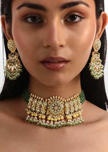 Green And Gold Pachi Kundan Pendant Short Necklace Set