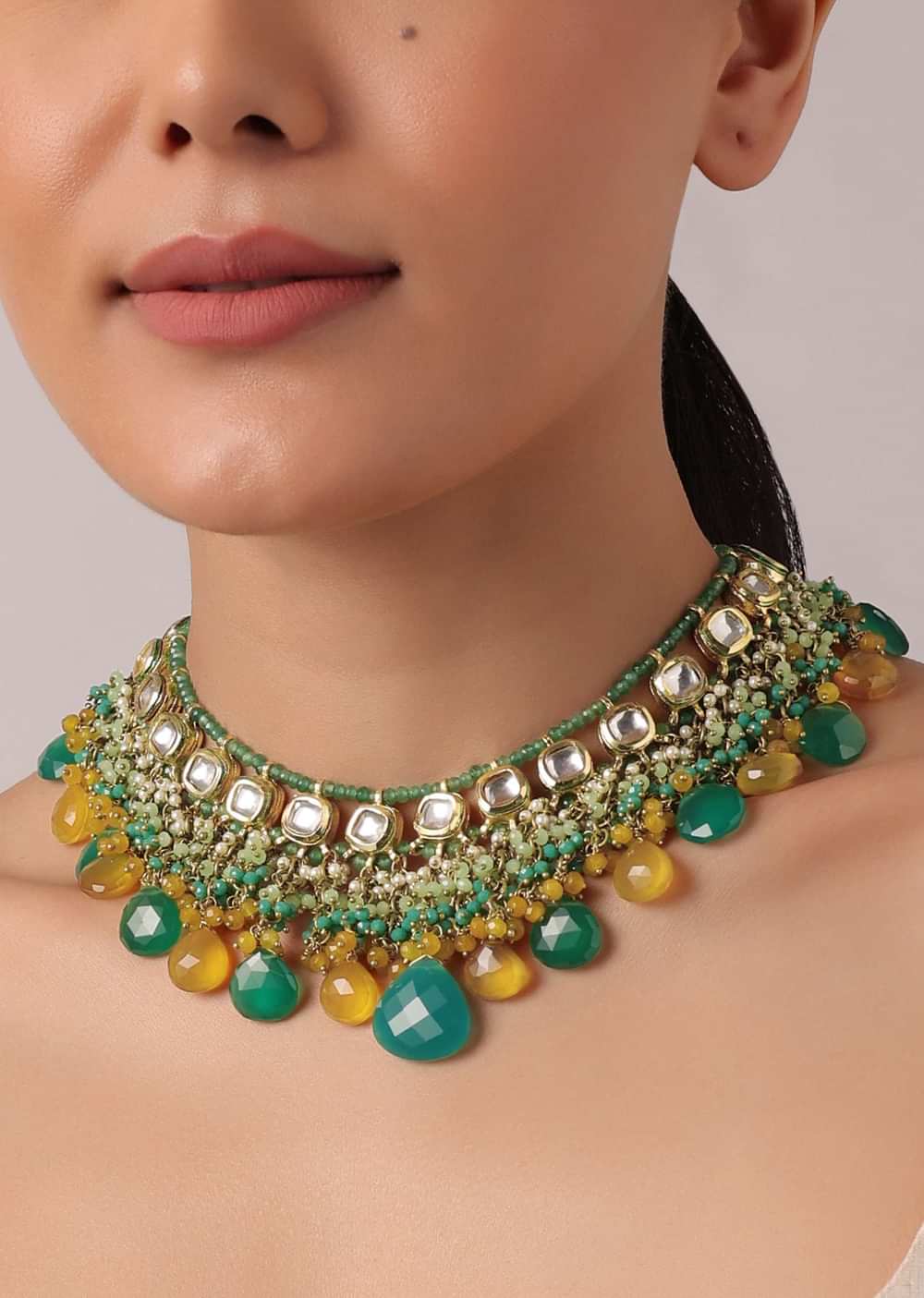 Green And Orange Necklace Set With Bead Drops And Studded Kundan Polki