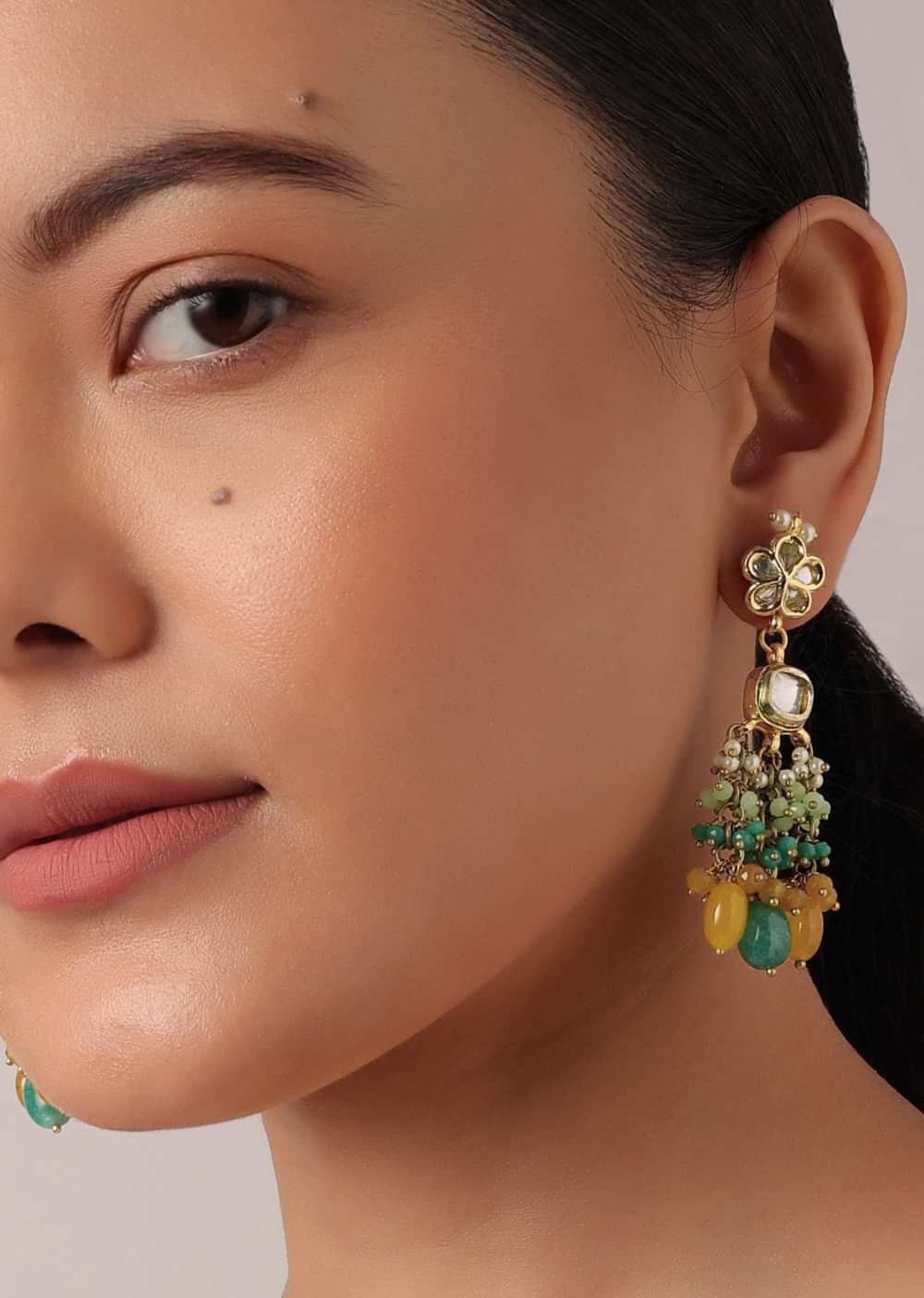 Green And Orange Necklace Set With Bead Drops And Studded Kundan Polki
