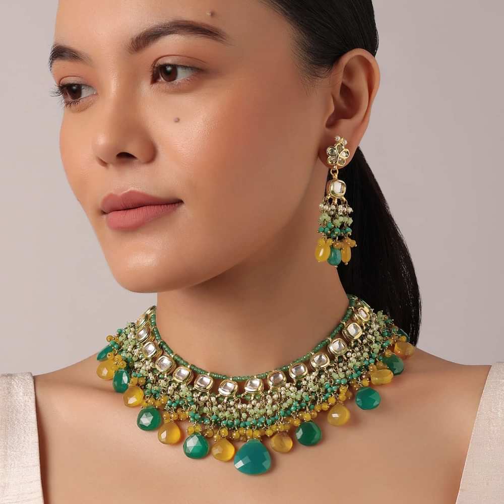 Green And Orange Necklace Set With Bead Drops And Studded Kundan Polki