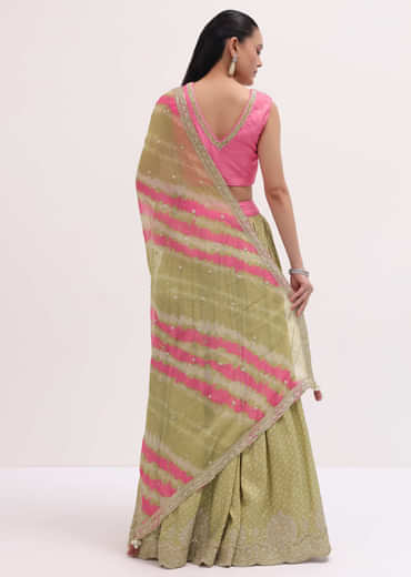 Green And Pink Lehenga With Embroidered Choli And Dupatta