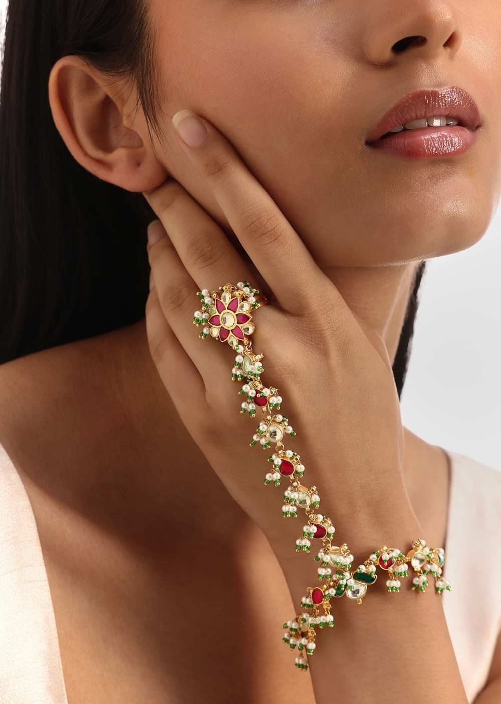 Green And Pink Pachi Kundan Hath Phool